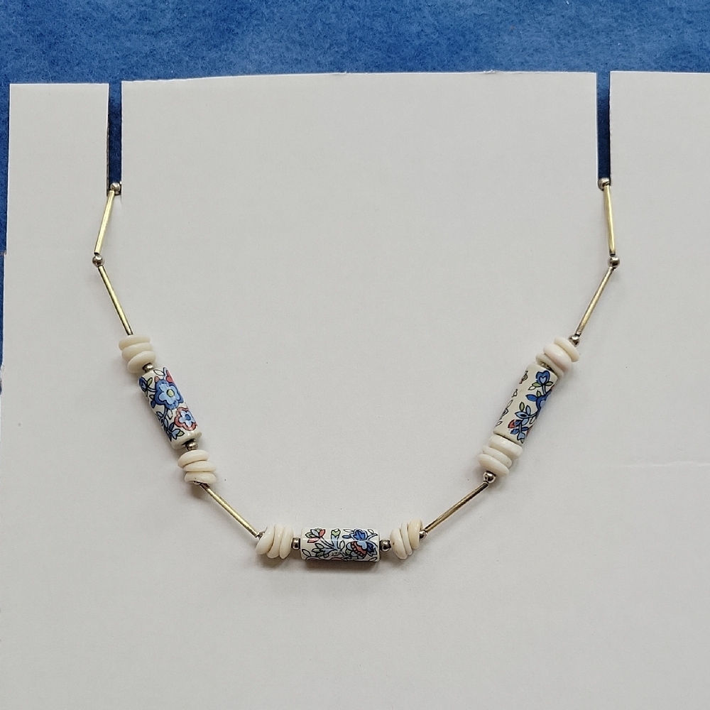 Vintage Flower Bead And Puka Shell Necklace 15 in.